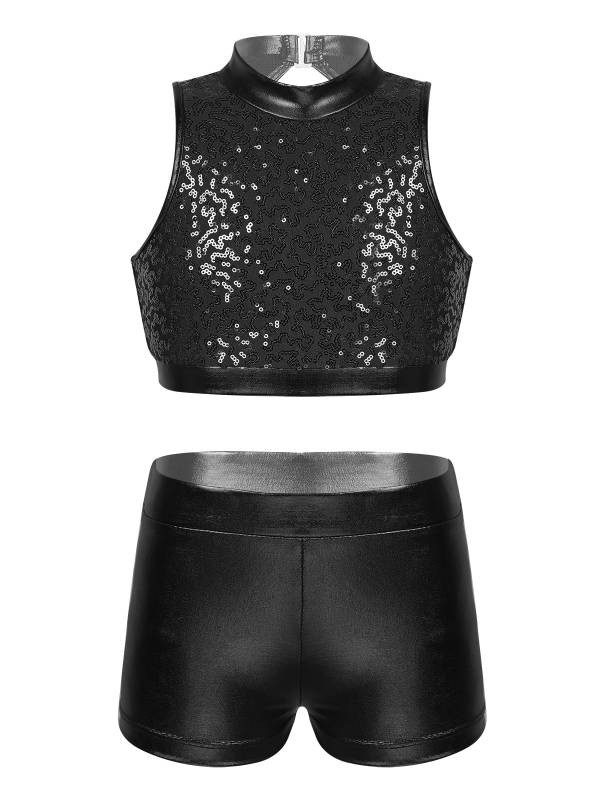 Kids Girls 2pcs Sequins Sleeveless Crop Top and Shorts Set for Jazz Dance thumb