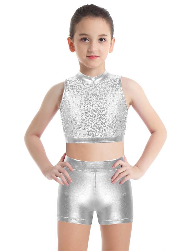 Kids Girls 2pcs Sequins Sleeveless Crop Top and Shorts Set for Jazz Dance thumb