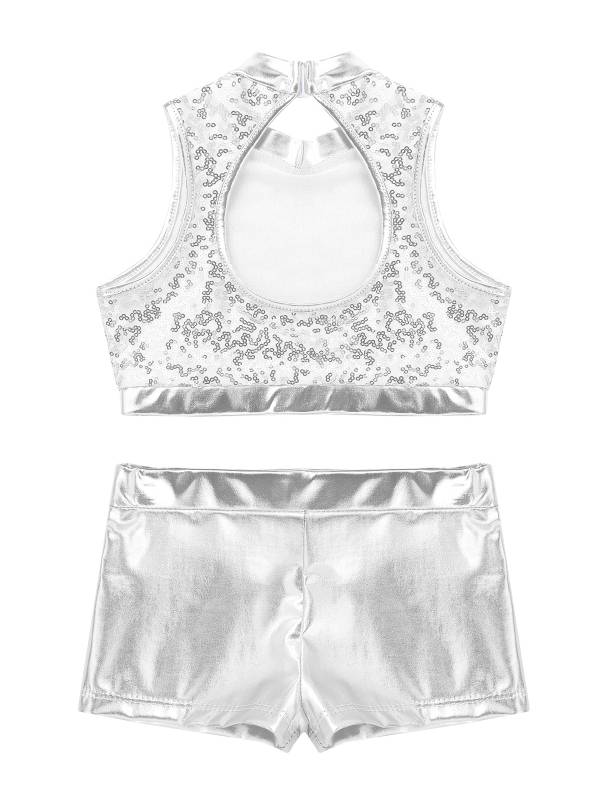 Kids Girls 2pcs Sequins Sleeveless Crop Top and Shorts Set for Jazz Dance thumb