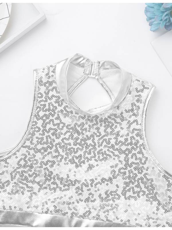 Kids Girls 2pcs Sequins Sleeveless Crop Top and Shorts Set for Jazz Dance thumb