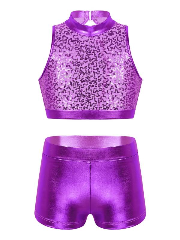 Kids Girls 2pcs Sequins Sleeveless Crop Top and Shorts Set for Jazz Dance thumb