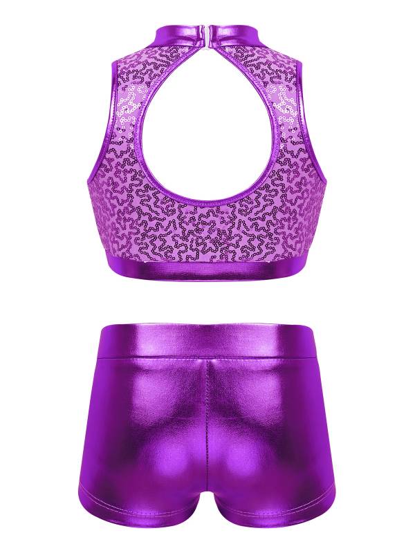 Kids Girls 2pcs Sequins Sleeveless Crop Top and Shorts Set for Jazz Dance thumb