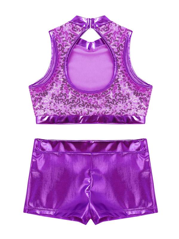 Kids Girls 2pcs Sequins Sleeveless Crop Top and Shorts Set for Jazz Dance thumb