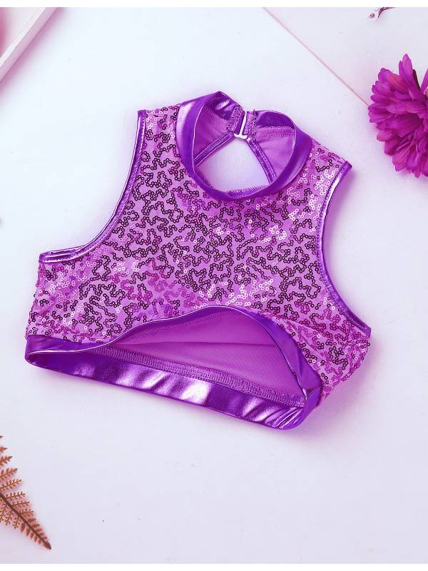 Kids Girls 2pcs Sequins Sleeveless Crop Top and Shorts Set for Jazz Dance thumb