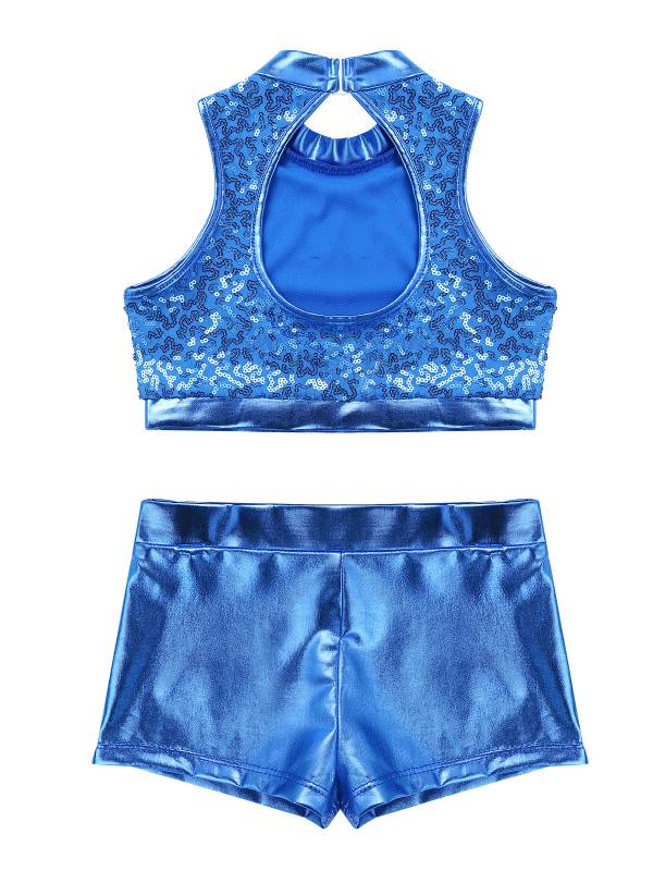 Kids Girls 2pcs Sequins Sleeveless Crop Top and Shorts Set for Jazz Dance thumb