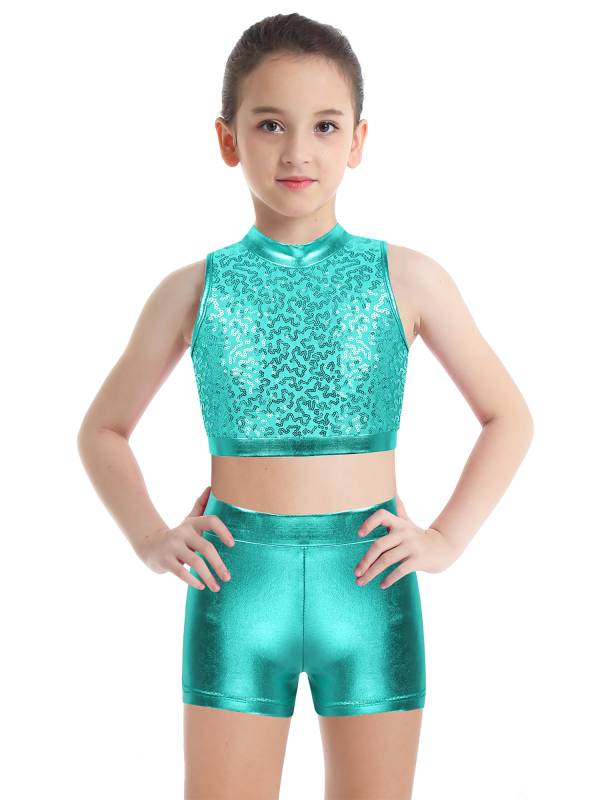 Kids Girls 2pcs Sequins Sleeveless Crop Top and Shorts Set for Jazz Dance thumb