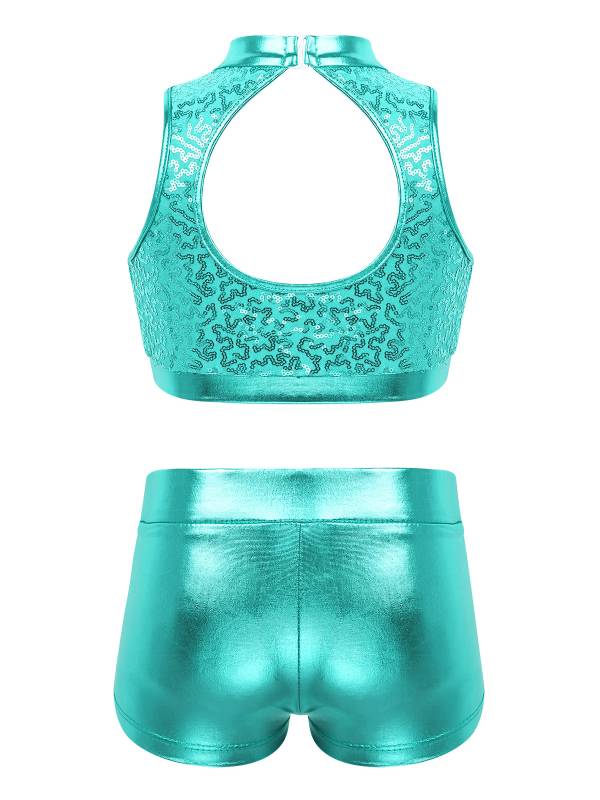 Kids Girls 2pcs Sequins Sleeveless Crop Top and Shorts Set for Jazz Dance thumb