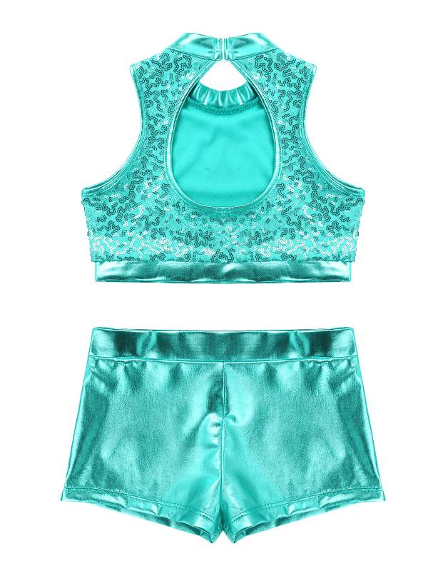 Kids Girls 2pcs Sequins Sleeveless Crop Top and Shorts Set for Jazz Dance thumb