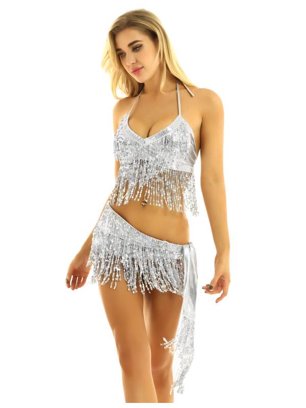 Women 2Pcs Sequin Tassels Halter Neck Bra and Hip Wrap Skirts Belly Dance Set thumb