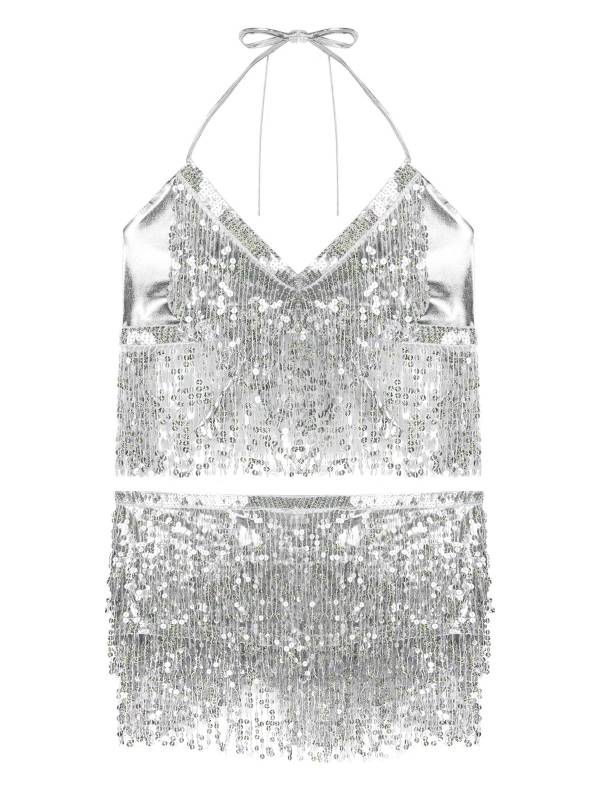 Women 2Pcs Sequin Tassels Halter Neck Bra and Hip Wrap Skirts Belly Dance Set thumb