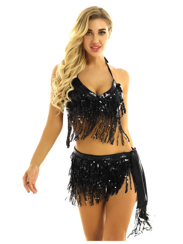 Women 2Pcs Sequin Tassels Halter Neck Bra and Hip Wrap Skirts Belly Dance Set thumb
