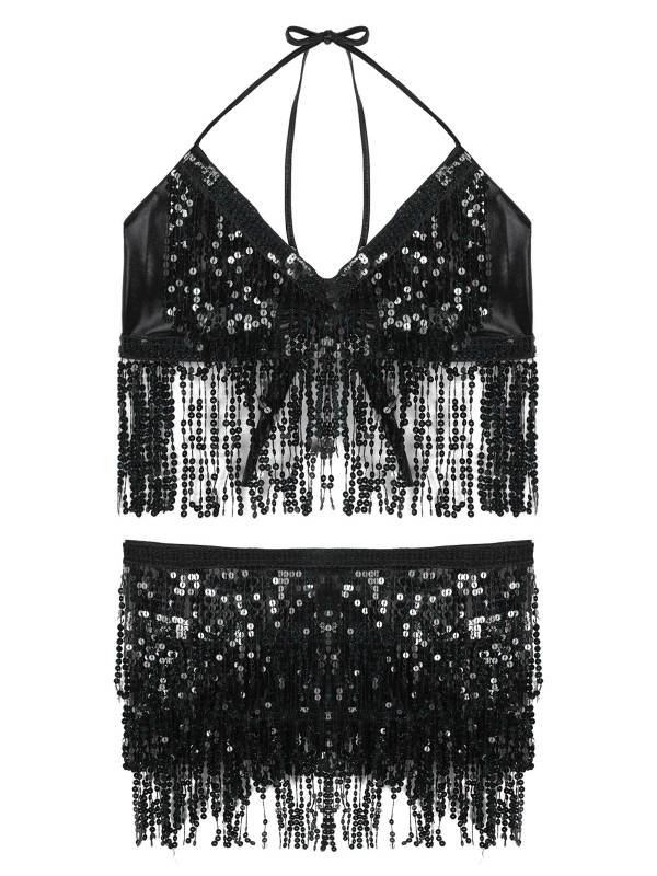 Women 2Pcs Sequin Tassels Halter Neck Bra and Hip Wrap Skirts Belly Dance Set thumb