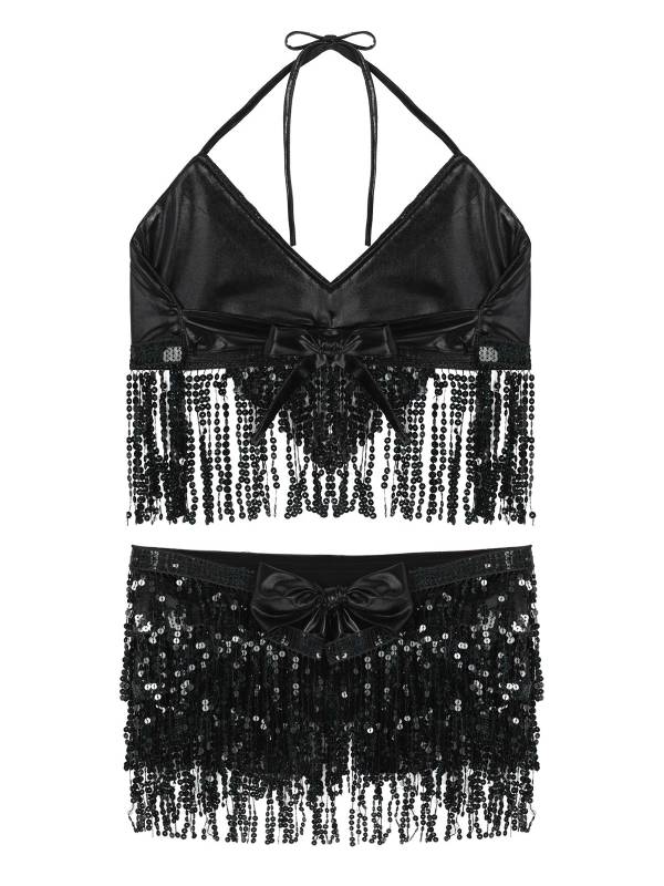 Women 2Pcs Sequin Tassels Halter Neck Bra and Hip Wrap Skirts Belly Dance Set thumb