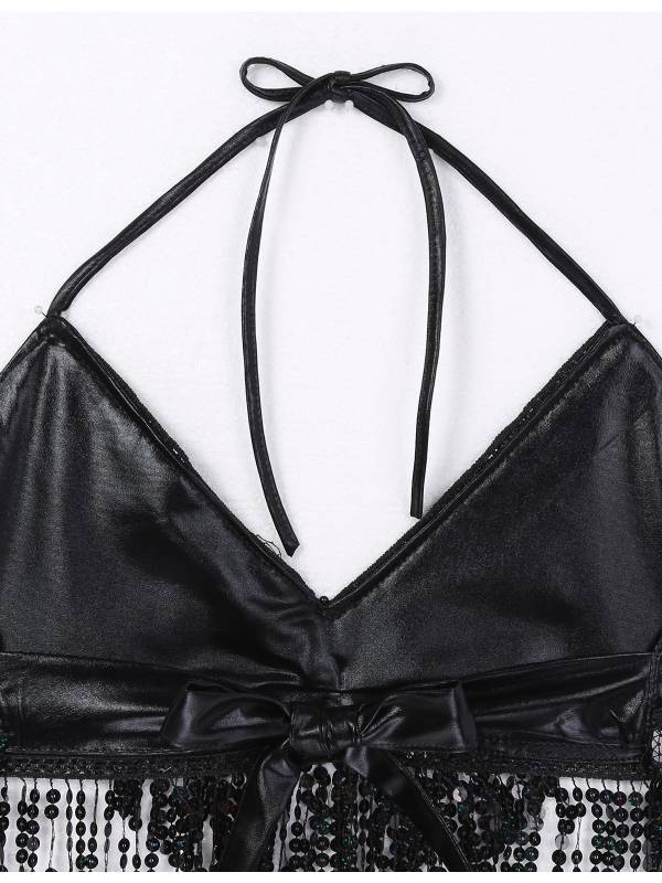 Women 2Pcs Sequin Tassels Halter Neck Bra and Hip Wrap Skirts Belly Dance Set thumb