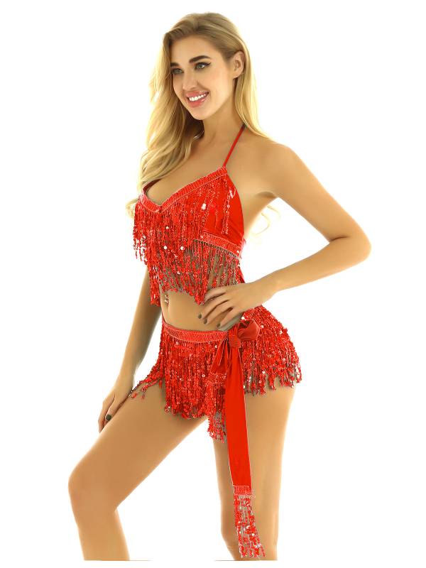 Women 2Pcs Sequin Tassels Halter Neck Bra and Hip Wrap Skirts Belly Dance Set thumb