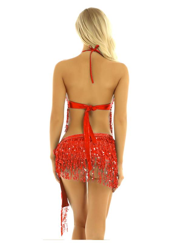 Women 2Pcs Sequin Tassels Halter Neck Bra and Hip Wrap Skirts Belly Dance Set thumb