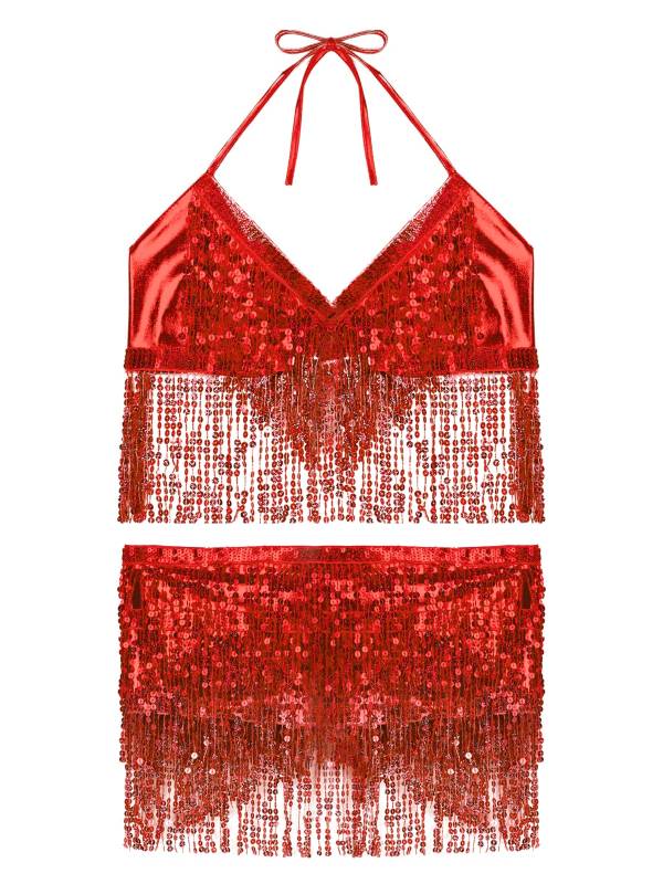 Women 2Pcs Sequin Tassels Halter Neck Bra and Hip Wrap Skirts Belly Dance Set thumb