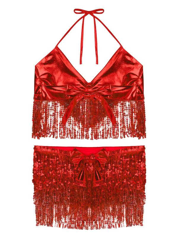 Women 2Pcs Sequin Tassels Halter Neck Bra and Hip Wrap Skirts Belly Dance Set thumb