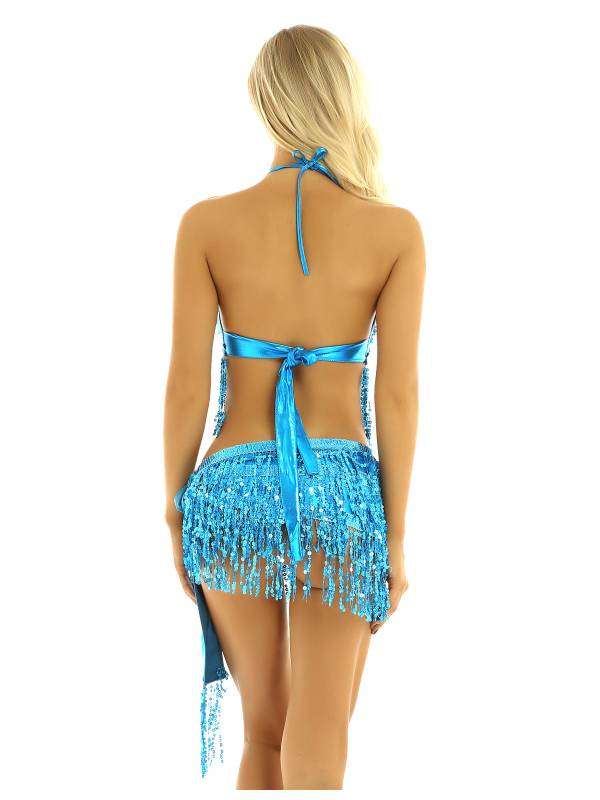 Women 2Pcs Sequin Tassels Halter Neck Bra and Hip Wrap Skirts Belly Dance Set thumb