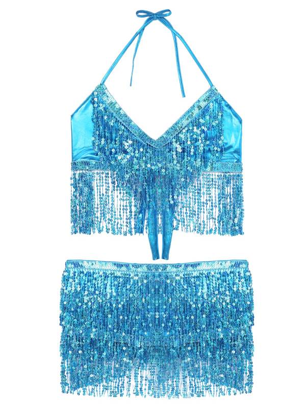 Women 2Pcs Sequin Tassels Halter Neck Bra and Hip Wrap Skirts Belly Dance Set thumb