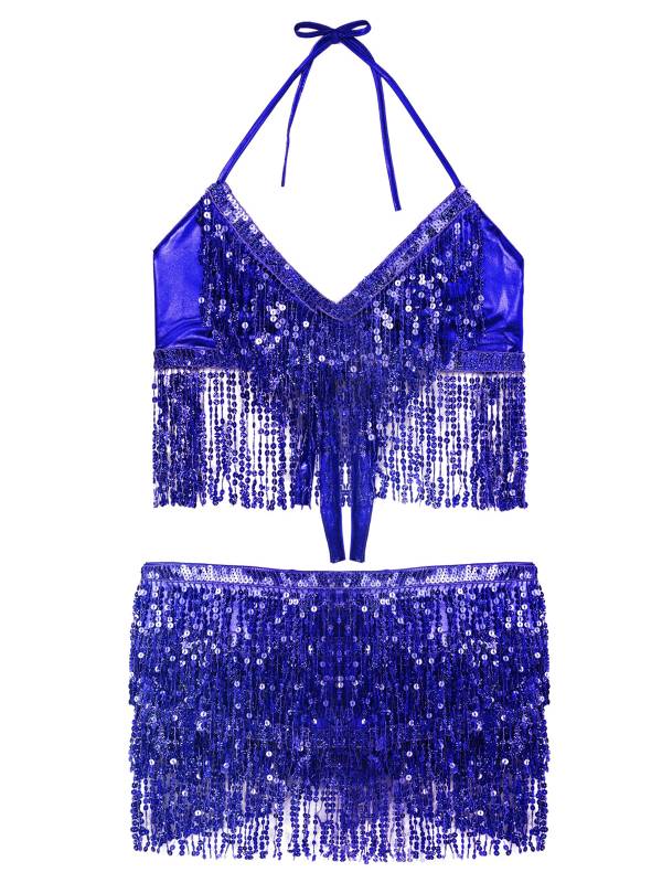 Women 2Pcs Sequin Tassels Halter Neck Bra and Hip Wrap Skirts Belly Dance Set thumb