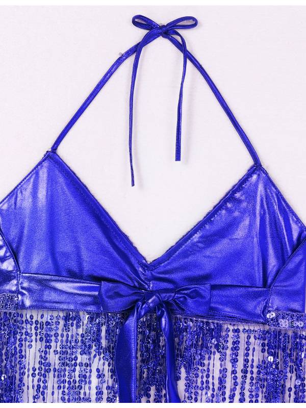 Women 2Pcs Sequin Tassels Halter Neck Bra and Hip Wrap Skirts Belly Dance Set thumb