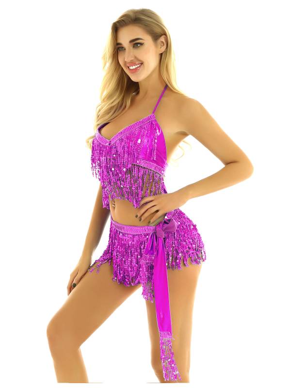Women 2Pcs Sequin Tassels Halter Neck Bra and Hip Wrap Skirts Belly Dance Set thumb