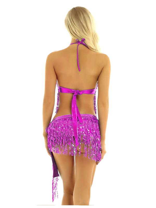 Women 2Pcs Sequin Tassels Halter Neck Bra and Hip Wrap Skirts Belly Dance Set thumb