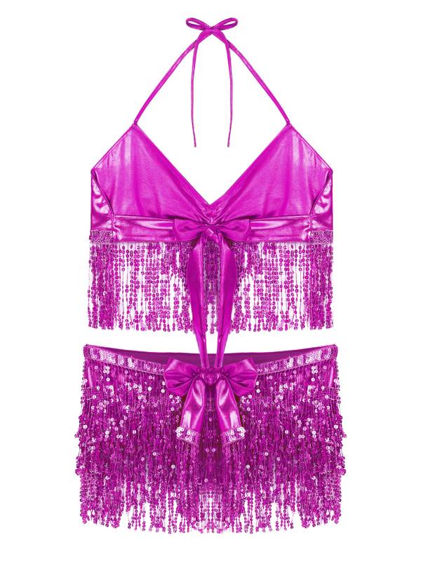 Women 2Pcs Sequin Tassels Halter Neck Bra and Hip Wrap Skirts Belly Dance Set thumb