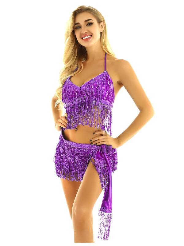 Women 2Pcs Sequin Tassels Halter Neck Bra and Hip Wrap Skirts Belly Dance Set thumb