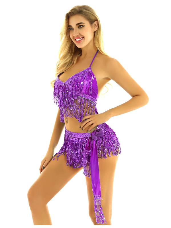 Women 2Pcs Sequin Tassels Halter Neck Bra and Hip Wrap Skirts Belly Dance Set thumb