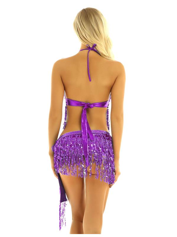 Women 2Pcs Sequin Tassels Halter Neck Bra and Hip Wrap Skirts Belly Dance Set thumb