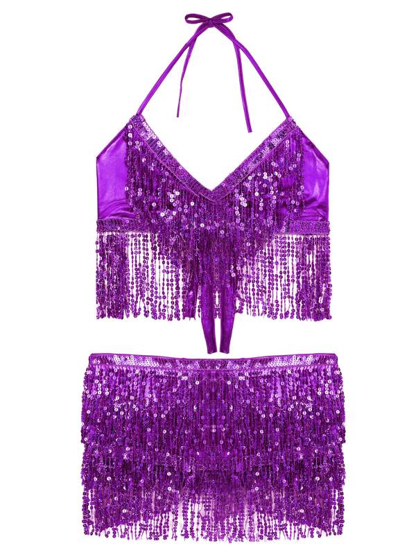 Women 2Pcs Sequin Tassels Halter Neck Bra and Hip Wrap Skirts Belly Dance Set thumb