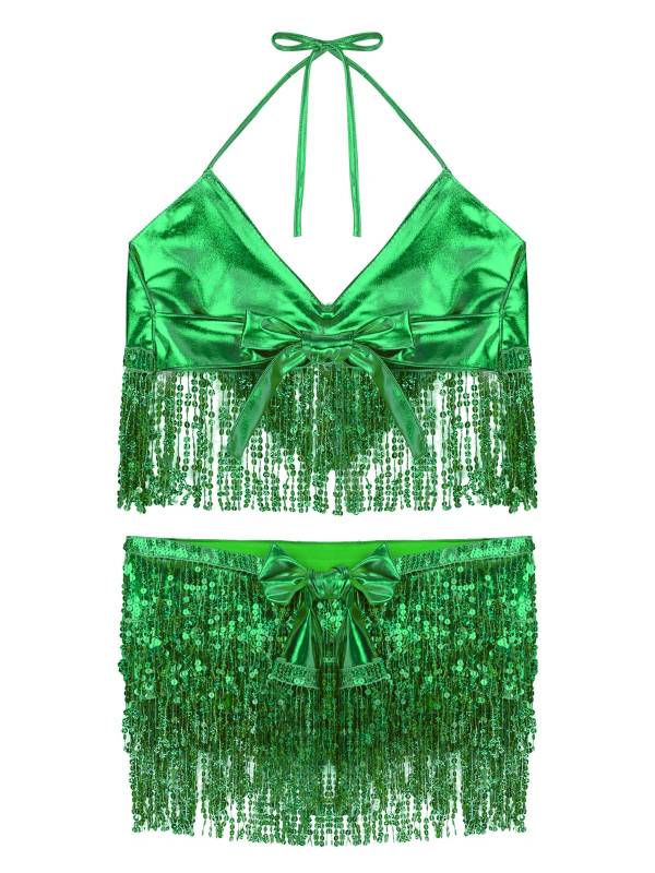 Women 2Pcs Sequin Tassels Halter Neck Bra and Hip Wrap Skirts Belly Dance Set thumb