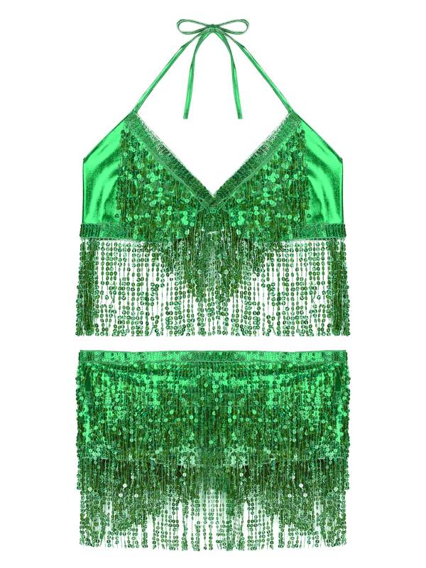 Women 2Pcs Sequin Tassels Halter Neck Bra and Hip Wrap Skirts Belly Dance Set thumb
