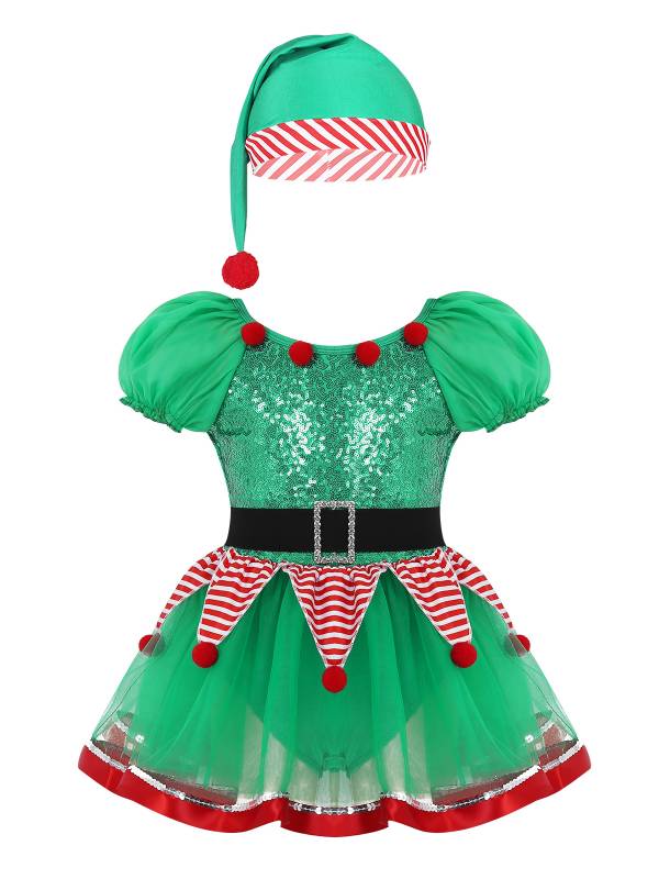 Kids Girls Christmas Short Puff Sleeves Sequin Striped Mesh Tutu Dress with Hat thumb