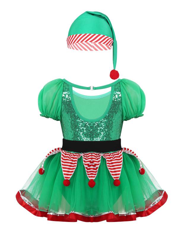 Kids Girls Christmas Short Puff Sleeves Sequin Striped Mesh Tutu Dress with Hat thumb