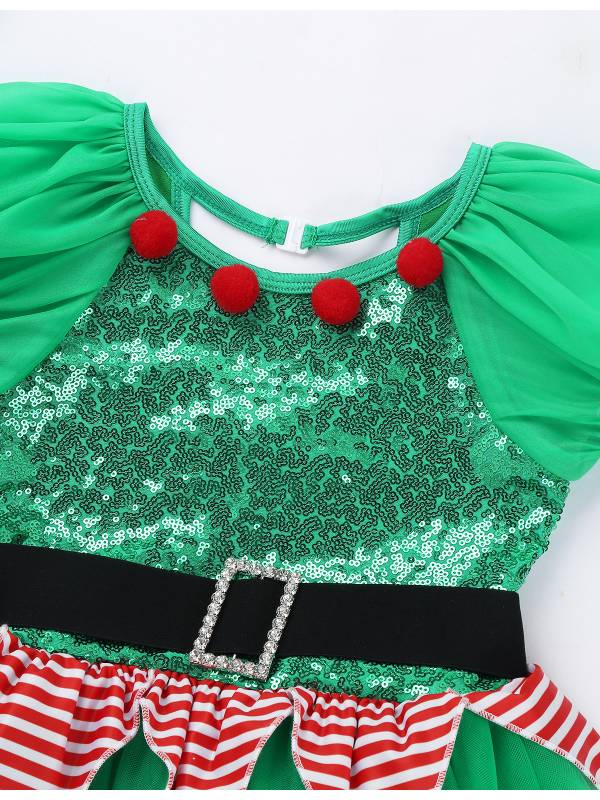 Kids Girls Christmas Short Puff Sleeves Sequin Striped Mesh Tutu Dress with Hat thumb