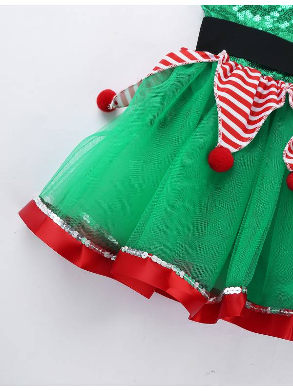 Kids Girls Christmas Short Puff Sleeves Sequin Striped Mesh Tutu Dress with Hat thumb