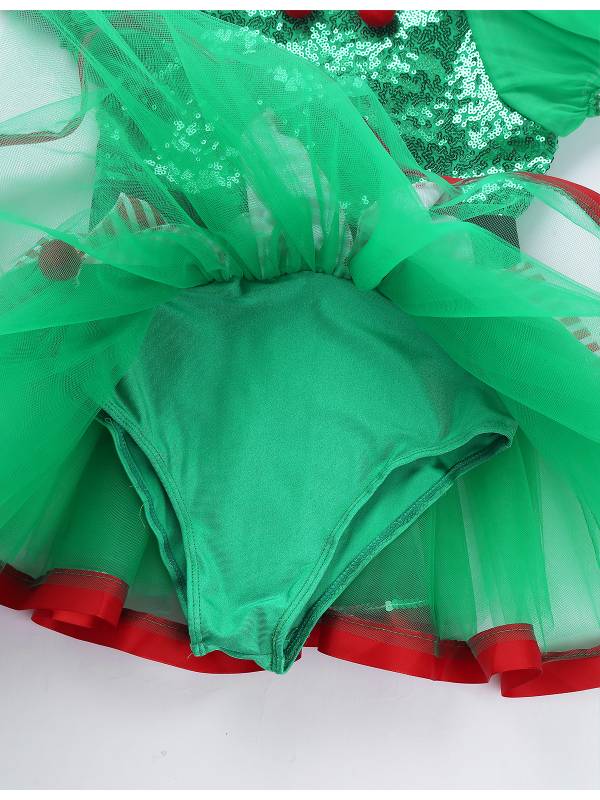Kids Girls Christmas Short Puff Sleeves Sequin Striped Mesh Tutu Dress with Hat thumb