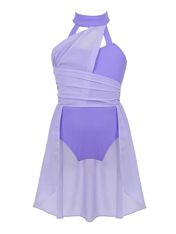 Kids Girls Sleeveless Ruched Chiffon Lyrical Dance Leotard Dress thumb