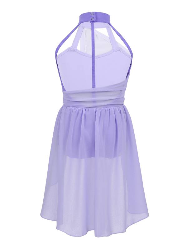 Kids Girls Sleeveless Ruched Chiffon Lyrical Dance Leotard Dress thumb