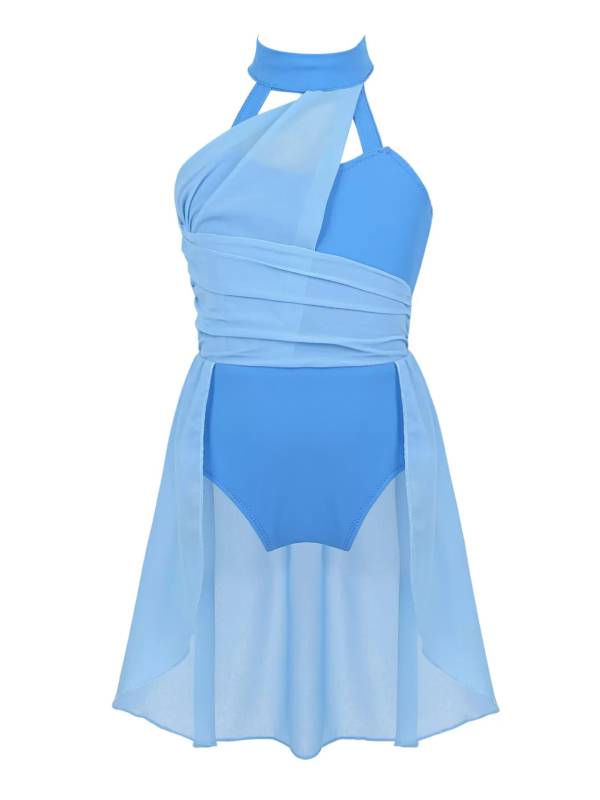 Kids Girls Sleeveless Ruched Chiffon Lyrical Dance Leotard Dress thumb