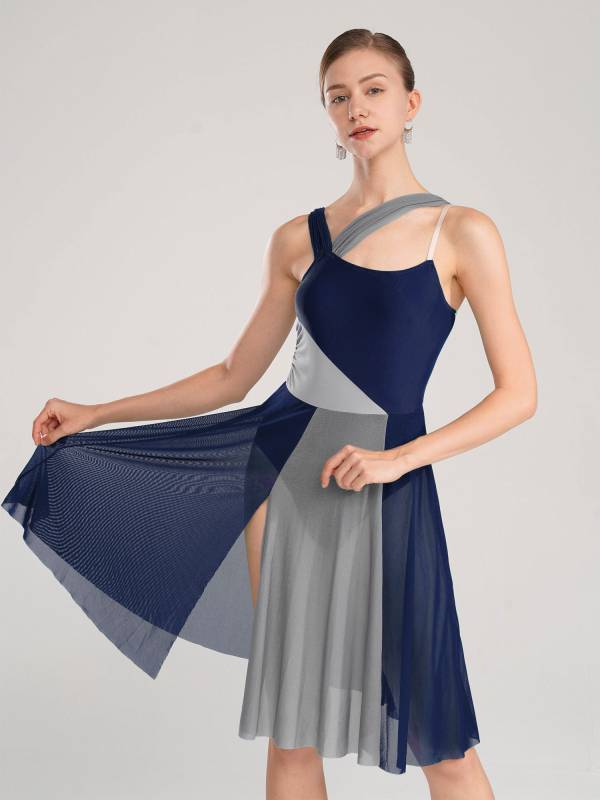 Women Sleeveless Color Block Mesh Lyrical Dance Leotard Dress thumb