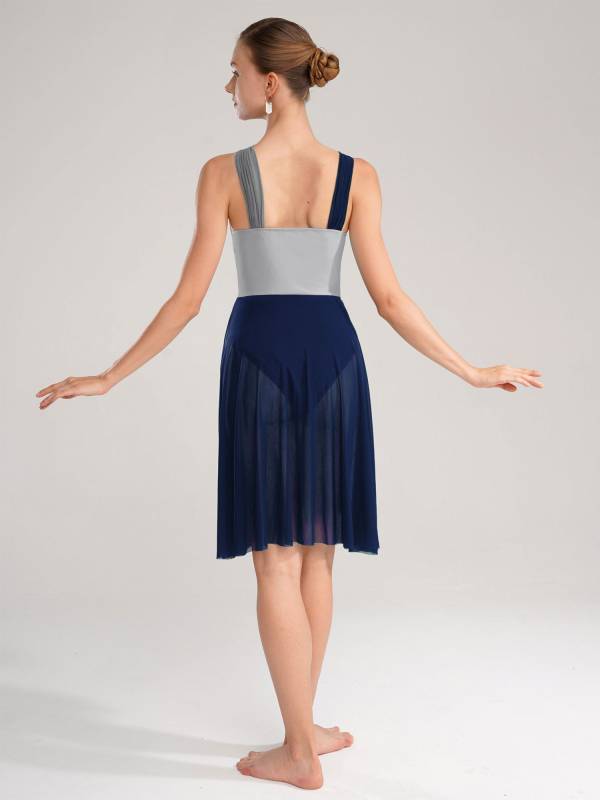 Women Sleeveless Color Block Mesh Lyrical Dance Leotard Dress thumb
