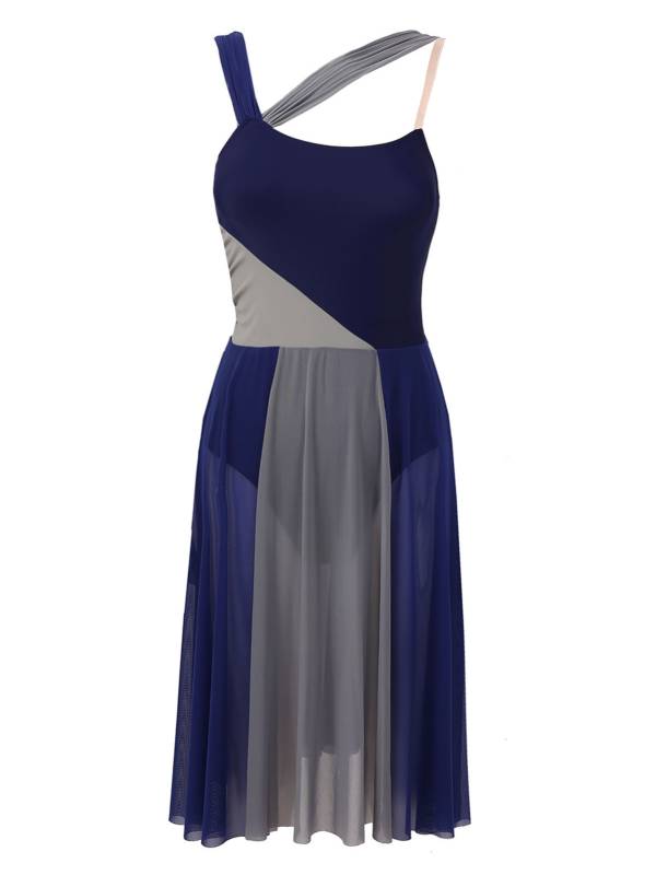 Women Sleeveless Color Block Mesh Lyrical Dance Leotard Dress thumb