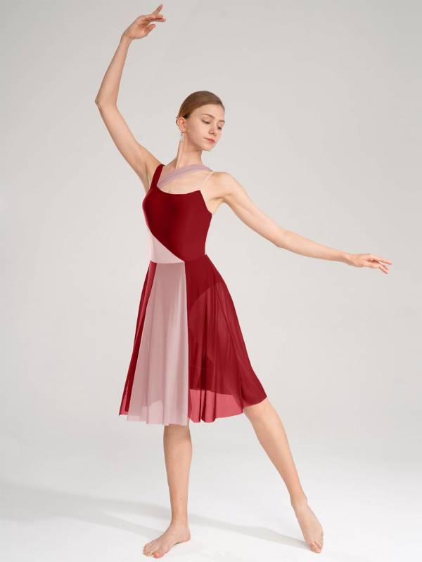 Women Sleeveless Color Block Mesh Lyrical Dance Leotard Dress thumb