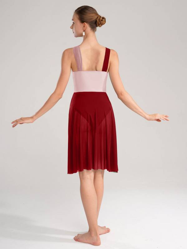 Women Sleeveless Color Block Mesh Lyrical Dance Leotard Dress thumb