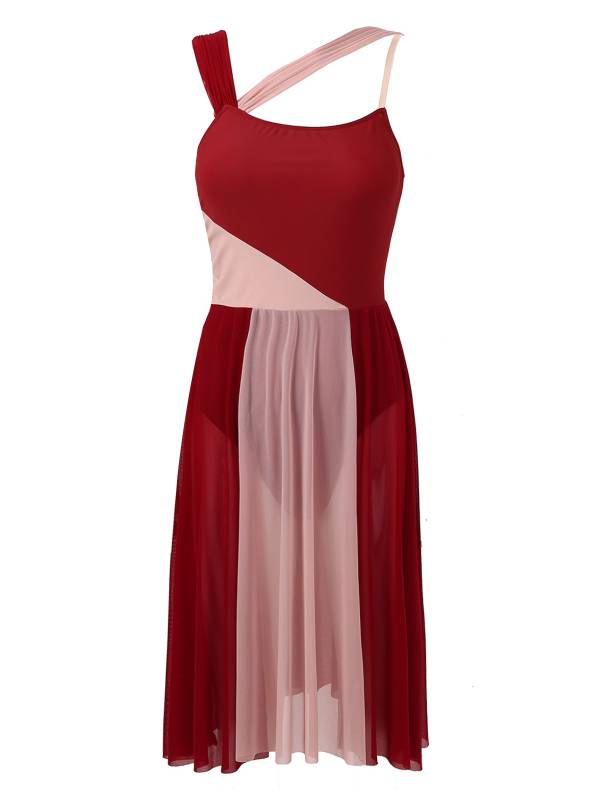 Women Sleeveless Color Block Mesh Lyrical Dance Leotard Dress thumb