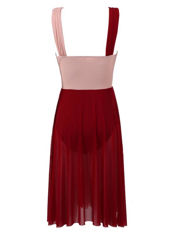 Women Sleeveless Color Block Mesh Lyrical Dance Leotard Dress thumb